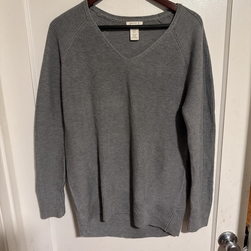 Matty M Women`s Rib Stitch V-Neck Sweater, (gray, M)